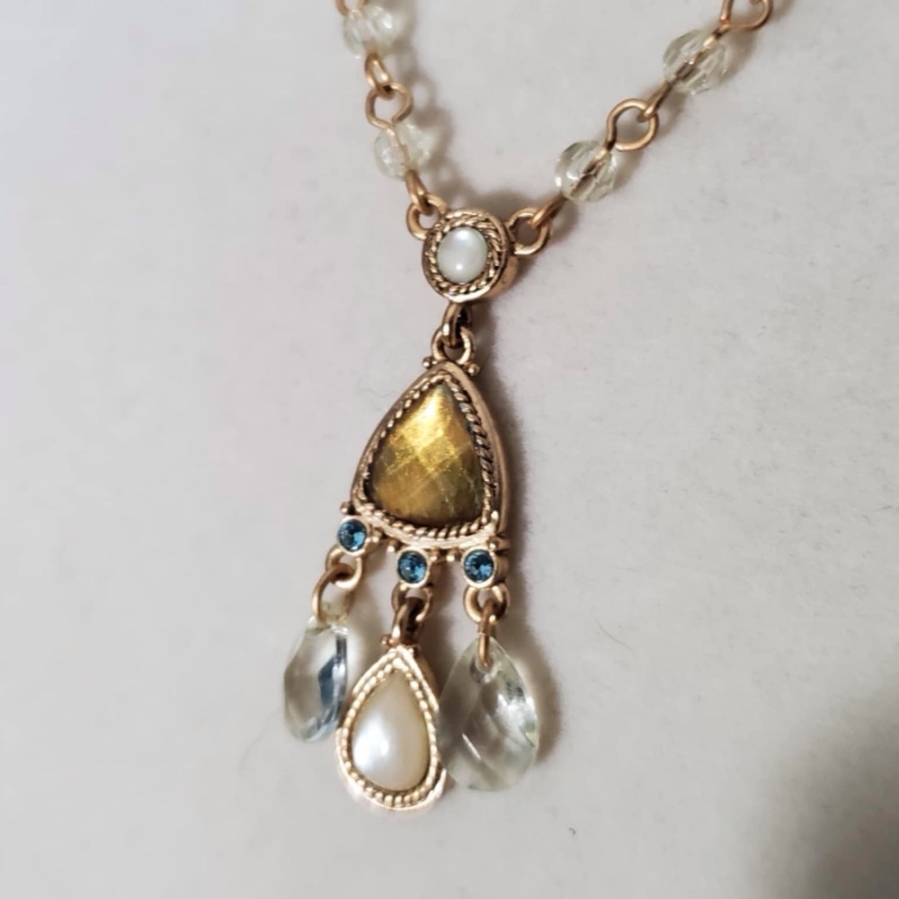 1928 Aqua and Olive Green Victorian Style Necklace